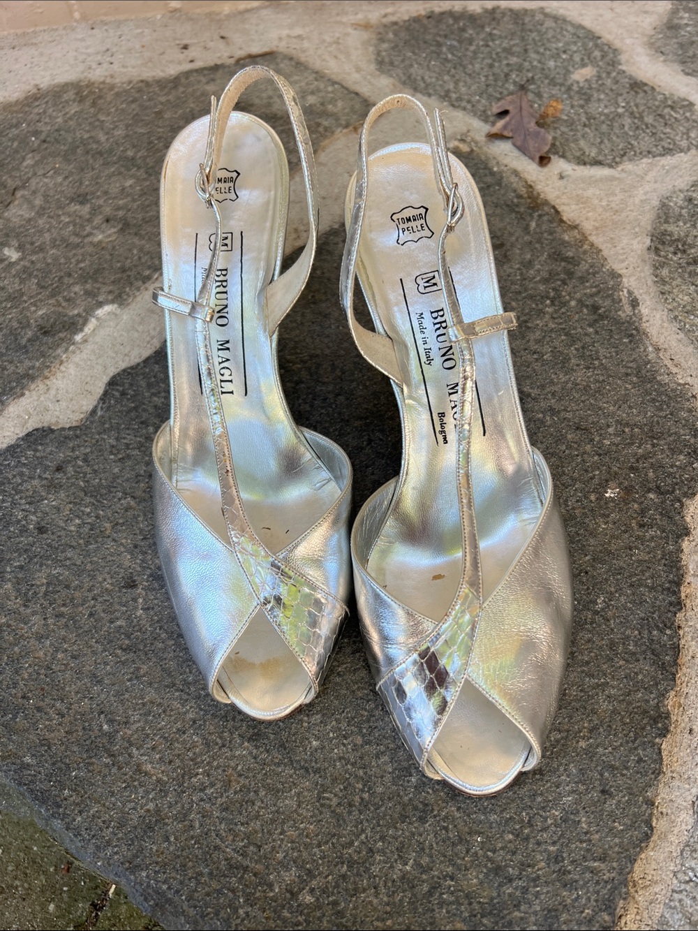 Bruno Magli Iridescent Silver Slingback Peep-Toe Heels